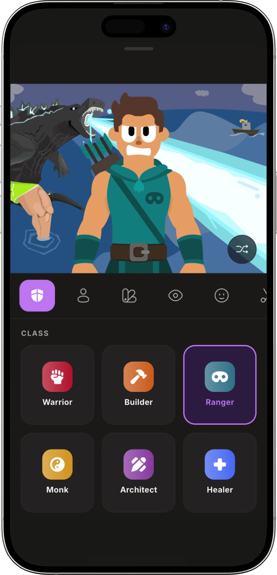 Choosing a class in Kovo, with your character above the six classes